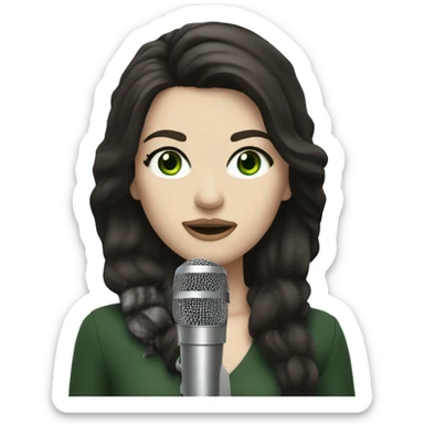 A pop singer with a microphone, dark brown hair and pale skin and dark green eyes sticker