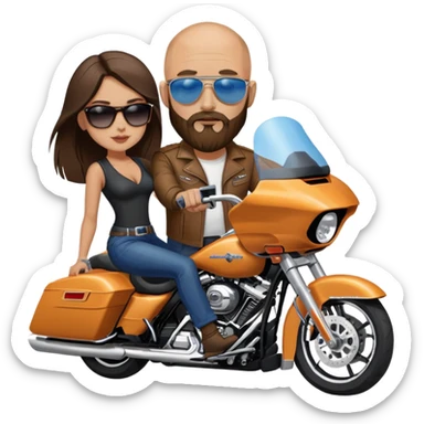 Harley Davidson road glide bearded bald blue eyes man  sunglasses  with brunette girl  pillion sticker