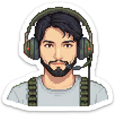 laughing man with black hair, brown eyes, black beard wearing gaming headset sticker