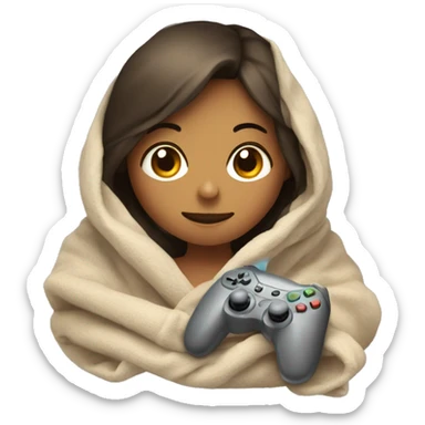 Girl wrapped up in a blanket with a gaming controller sticker