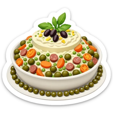 Salată de boeuf: a Romanian festive salad made with finely chopped boiled vegetables, pickles, peas, and beef or chicken, all mixed with mayonnaise and decorated with olives and pickles. sticker