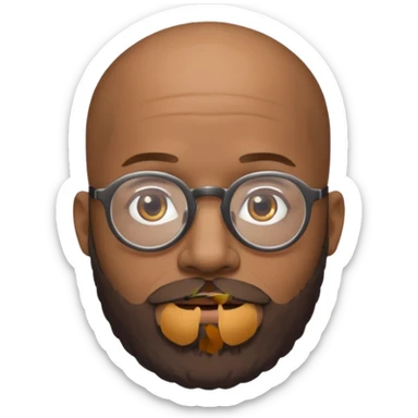 African american male, bald, salt and pepper beard. Round face, glasses sticker