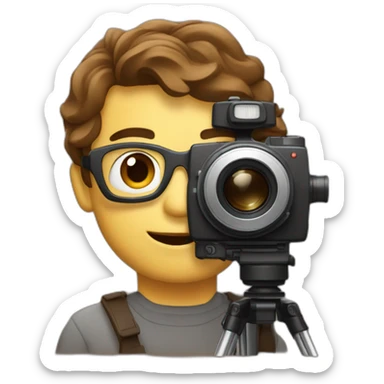European film director with brown piled short hair holding a cinema camera sticker