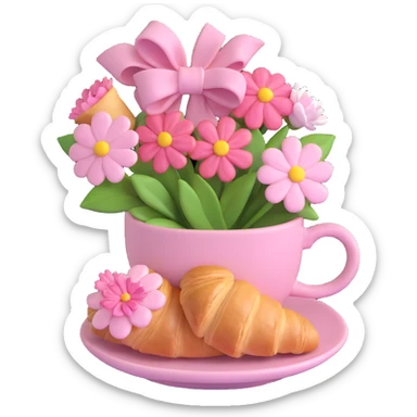 pink coffee cup with flowers and bow, on a saucer, with a croissant topped with white icing, soft pastel background sticker