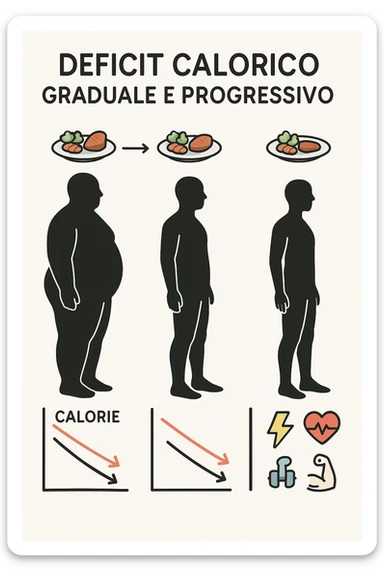 una sequenza di tre sagome umane affiancate, ognuna rappresenta una fase diversa di perdita di peso graduale. Sopra ogni figura, un piatto mostra porzioni di cibo bilanciate ma leggermente ridotte. Frecce e grafici illustrano una diminuzione lenta e costante dell’apporto calorico giornaliero, con icone che rappresentano energia, salute e mantenimento della massa muscolare. Sfondo pulito e moderno, con etichette chiare che spiegano “deficit calorico graduale e progressivo” in italiano sticker