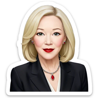 catherine o'hara, confident older woman with fair skin and straight blonde hair that falls just past her shoulders. Her facial expression should be playful and charismatic, with a slight smirk, arched eyebrows, and bright red lips. Her eyes should be expressive, slightly squinted as if amused and sarcastic. She is dressed in a black blazer with silver stud details along the lapels, paired with a white collared shirt and a black ribbon tie. sticker