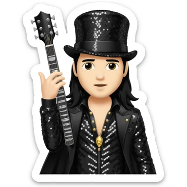 Slash from Gun n Roses with long jet black hair, black sequin outfit sticker