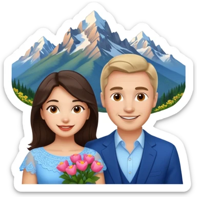 Couple traveling in Montenegro russian man and elegant  Latina girl delicate flowers and mountains in the background  sticker