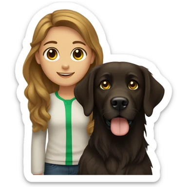 Girl with brown hair and green brown eyes next to a black golden retriever sticker