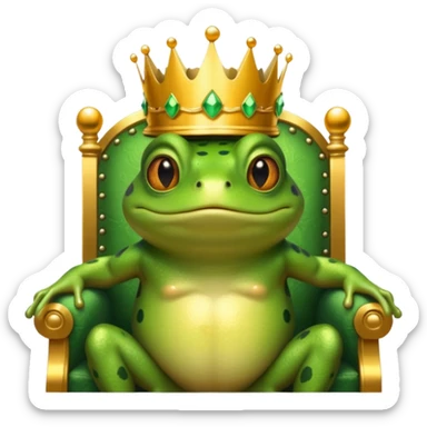 A frog wearing a crown, confidently sitting on a golden throne, portrait, bust up sticker