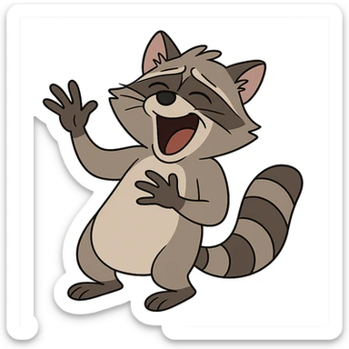 flat toon style raccoon laughing hard and waving sticker