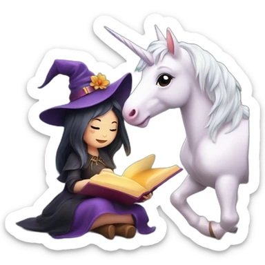 Cute witch and unicorn reading a magic book sticker