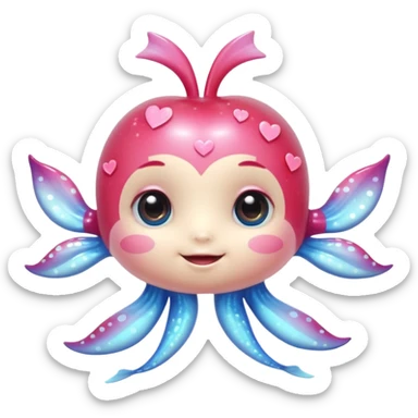 extremely cute detailed underwater creature with shiny plastic look, huge sparkling eyes with highlights, tiny body, friendly smile, rosy cheeks, fine textures, soft pastel colors with bright accents, small accessories like hearts or bows, detailed shading and highlights, apple style emoji sticker
