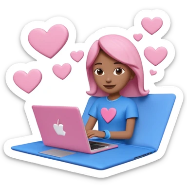 3D clay character relaxed with laptop and coffee, floating icons (envelope, heart, dollar), electric blue (#4A90D9) outfit, pink (#FF6B9D) floating icons, white laptop, Pixar style, transparent background sticker