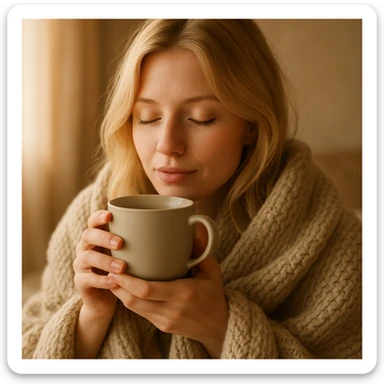 blonde girl cozy in a blanket, drinking coffee with eyes closed, warm and serene atmosphere, soft and cozy style sticker