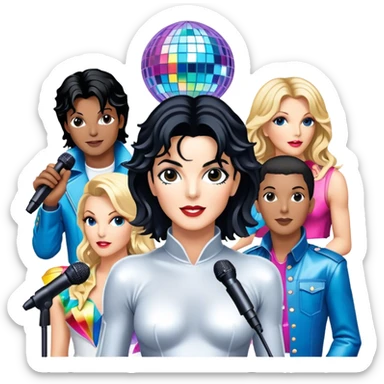Pop music icon: vibrant stage with bright lights, microphone, synthesizer, disco ball. Collage of famous pop artists—Michael Jackson, Madonna, Britney Spears, and Taylor Swift—symbolizing iconic eras. Energetic and dynamic. Transparent background. sticker