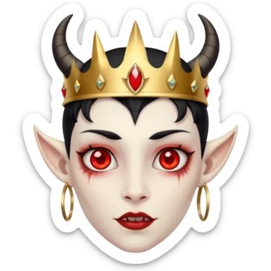 human demon hybrid with red eyes black horns and simple gold grown sticker