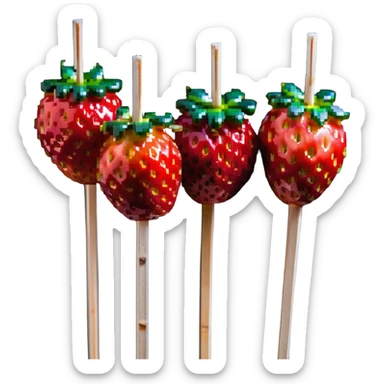 three strawberries on a wooden skewer coated in shiny sugar glaze sticker
