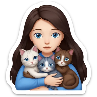 a girl with long dark 
brown hair, with blue eyes, hugs 3 different natural coloured cats sticker