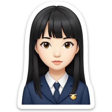 Asian woman in a chic school uniform, long black hair with straight bangs, and visible makeup sticker