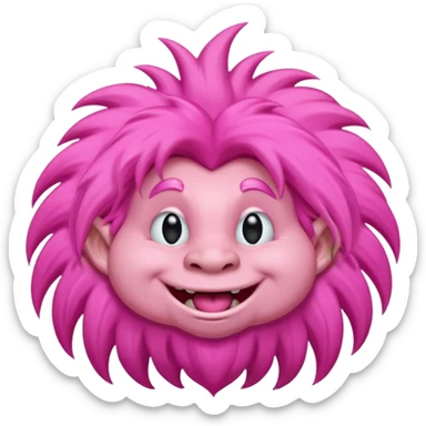 pink troll with long fluffy hair, cheerful expression sticker
