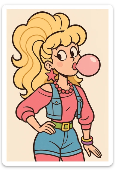 cheerful valley girl with big hair, bubblegum, trendy 1980s fashion, bright colors, fun accessories, playful expression sticker