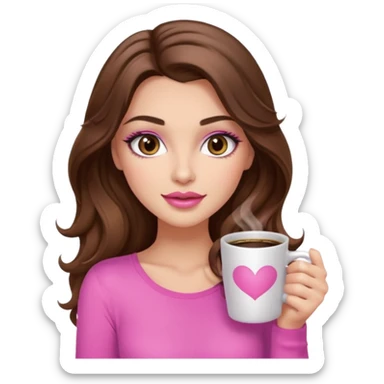 girl with long wavy brown hair, brown eyes, long lashes makeup, sexy pink lips, light to medium complexion, pink sexy top, with a coffee mug sticker