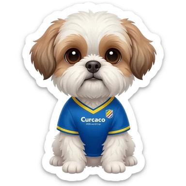 white and light brown shih zhu wearing a Curacao soccer jersey v neck 2026 work cup sticker