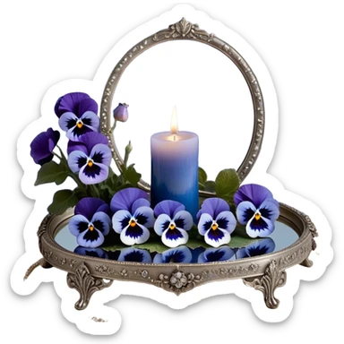 An enchanting nighttime scene where rich blue pansies bloom in a mystical landscape, their petals appearing almost luminous under the soft radiance of a silver crescent moon. A pearl-colored candle, embellished with intricate celestial symbols, sits atop an antique mirror tray, reflecting its warm glow. Wisps of silver mist curl around the flowers, and tiny glowing stars seem to hover just above the ground, adding to the dreamlike atmosphere. In the distance, a faint silhouette of a gothic archway frames the moon, enhancing the scene’s otherworldly beauty. sticker