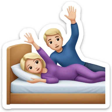 A bed with a girl laying down and a man putting his hand up. sticker