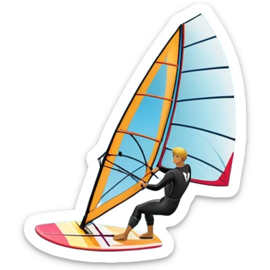 A windsurfer gliding across the ocean, with a vibrant sail catching the wind. The scene captures the motion of the board riding the ocean waves, surrounded by the bright blue sky and ocean, symbolizing the excitement and skill required in the sport of windsurfing. sticker