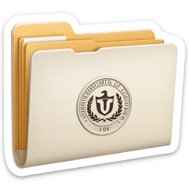 A simple emoji-style icon of a white textured paper folder, clean and formal, with sharp edges, minimal shading, and an embossed university degree/certification seal on the front, conveying academic achievement and official records. white white white  sticker