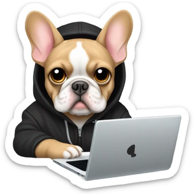A light brown French bulldog with wearing a black hoodie while sitting in a gaming chair while investing in crypto on a light grey laptop ￼ sticker