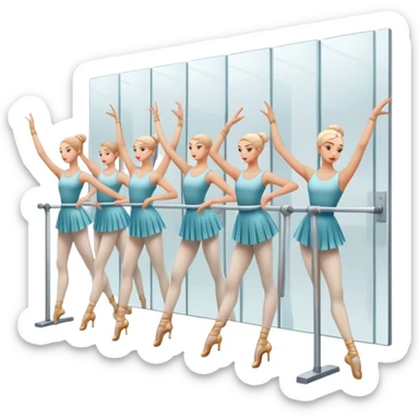 Icon for Choreography: a group of dancers in identical poses, standing by a wall with all wall long mirror, holding a long barre with one hand. The icon should capture the discipline and synchronized movement of dance training. Transparent background. sticker