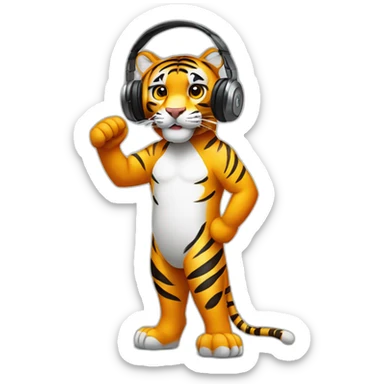 tiger standing on 2 feet wearing headphones sticker