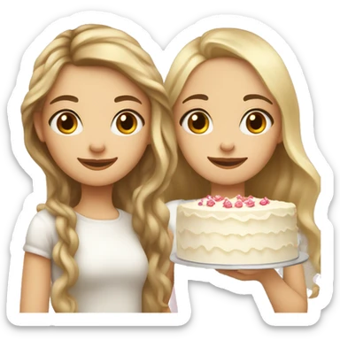Russian girl with long blond wavy hair and Russian girl with long brown straight hair together holding big white cake sticker
