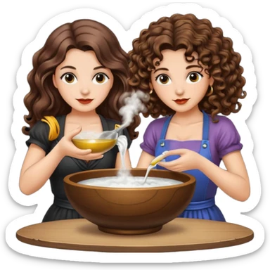 moon bowl mixing — long wavy brown hair tattooed woman and short tight curly brown hair woman — potion scene sticker