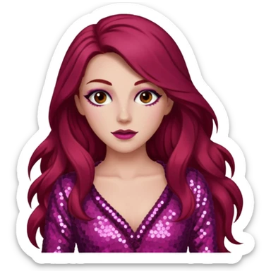 Chappell Roan (b.1998) with long dark red hair, dark pink sequin outfit, makeup sticker