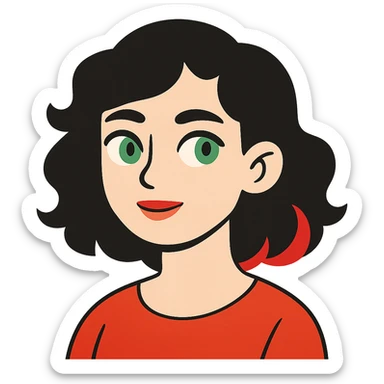 flat toon style girl with green eyes, white skin, wavy black hair, red hair at the back of her neck sticker