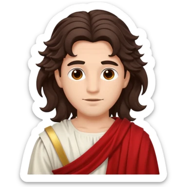Adonis from The Olympians with long dark brown wavy hair, red toga sticker