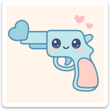 blue heart pistol, kawaii style, cute face on the handle, big eyes sticker