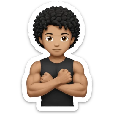 muscular teen boy with veiny hands arms and biceps. has messy black curly hair with dark-tan skintone with black tshirt sticker