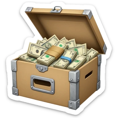 a bunch of miscellaneous stuff in a box, with a small pile of cash note on the side, indicating that this box is for sale sticker