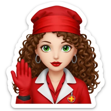 Spanish sexy evil woman. She has green eyes.  had brown long curly hair.  evil surgeon kills with needle wears red sexy doctor coat with red mouth bandana red gloves.  sticker