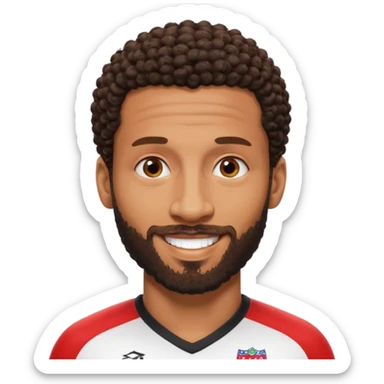Black British footballer with short tight curly hair and sharp fade, trimmed beard, smiling confident expression, inspired by Rio Ferdinand's real-life appearance sticker