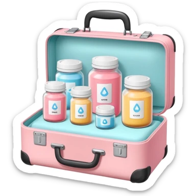 Transparent vitamins jar with blush electrolyte sachets displayed on a pastel pink suitcase sticker