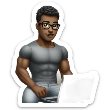 Dark featured realistic muscular nerd on computer coding  sticker