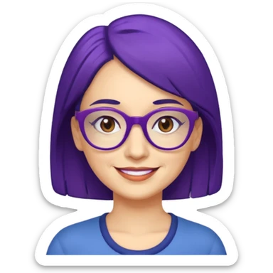 Cartoon 50-year-old youthful woman with purple glasses, brown eyes, and dark blue (not purple) hair to her shoulders. sticker