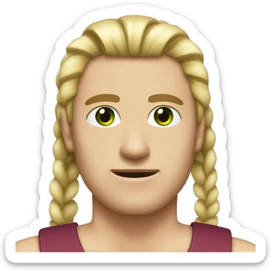a man with long blond hair in a ponytail and parted in the middle, no beard, dark brown eyebrows, green eyes sticker