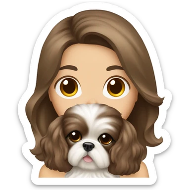 Young brunette hair woman with a cream shih tzu in her arms long wavy hair sticker